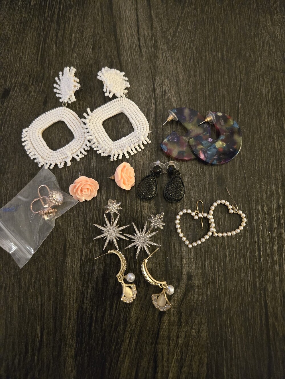 Mixed Women’s Earring Set - White Beaded, Pink Rose, Pearl Heart & More